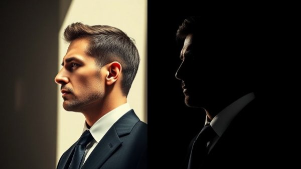 Two men in contrasting lighting representing Open AI innovation.