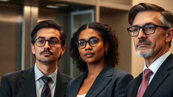 Formal business group in thoughtful discussion, open ai concept.