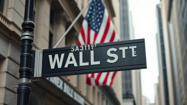 Wall Street sign in focus with American flag backdrop.