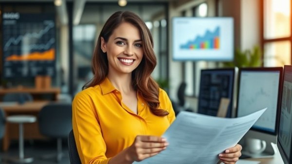 Confident businesswoman analyzing Nvidia stock predictions at a modern desk.