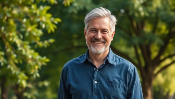 Middle-aged man smiling outdoors near Silicon Valley medical school