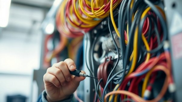 Technician handling electrical wiring with precision, showcasing coherent stock surge.