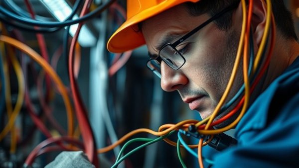 Electrician handling wires, highlighting tech work.