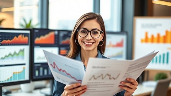 A professional woman reviews Nvidia stock growth forecast in a modern office.