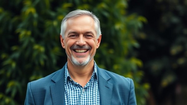 Middle-aged man smiling outdoors with greenery.