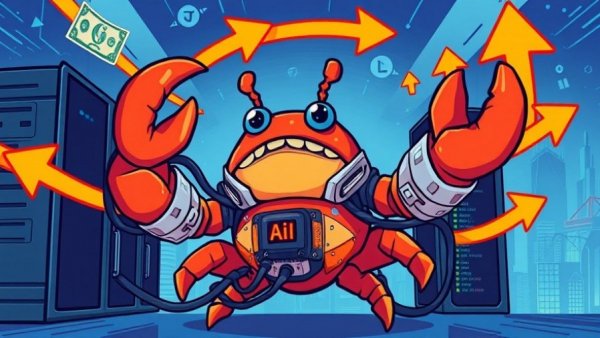 Cartoon crab AI agent with cables and servers in digital cityscape.