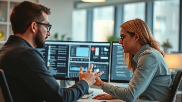 Tech professionals discussing app designs on dual screens at workspace