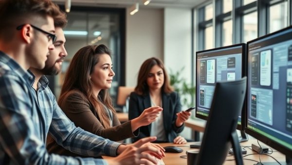 Professionals discussing digital design with AI software.