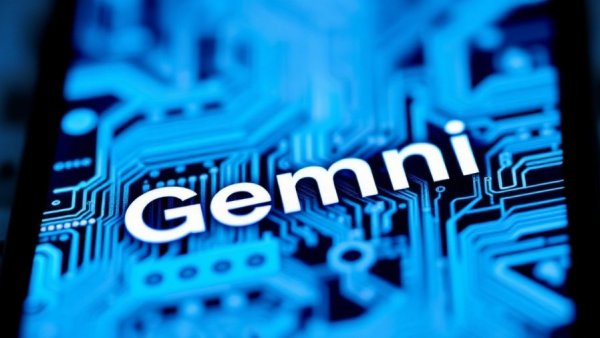 Smartphone screen with 'Gemini' over digital circuit board background.