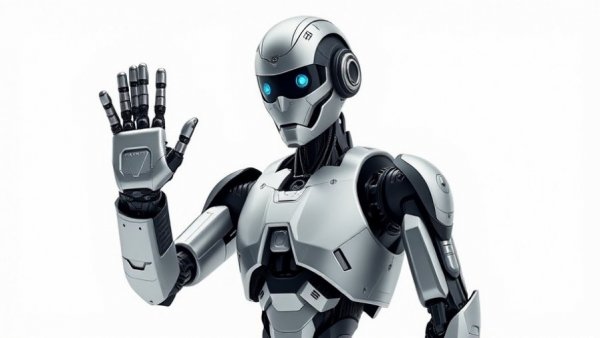 Futuristic humanoid robot waving in minimalistic setting