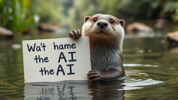 Playful otter holding sign about latest AI models in a river.