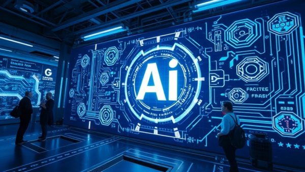 Futuristic AI display at tech expo in China focusing on comprehensive AI law.