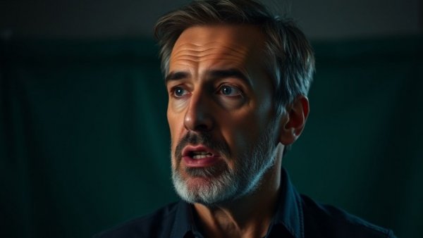 Middle-aged man presenting in a dimly lit room.