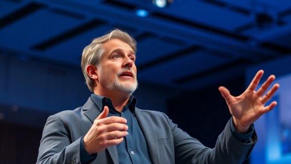 Confident speaker discussing AI agents at a tech conference.