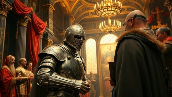 Medieval knight receiving a blessing in an ornate hall, classical style.