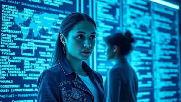 Agentic AI concept with woman analyzing holographic code.