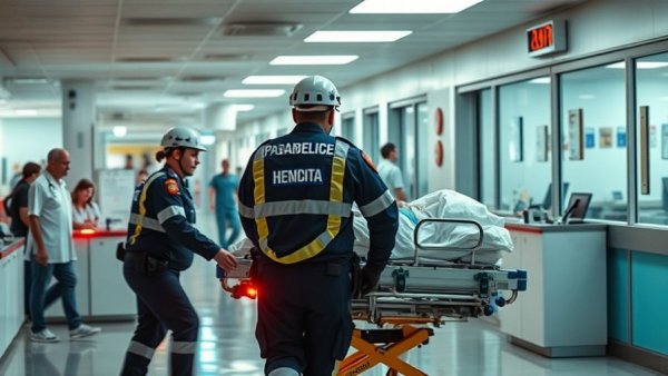 Paramedics transporting patient in hospital