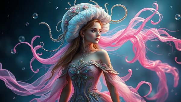 Ethereal woman with jellyfish headpiece in mystical setting, Grok Imagine AI Video Generator