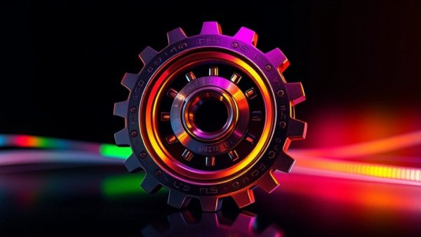 Abstract mechanical gear glowing with colorful lights, representing Claude AI.