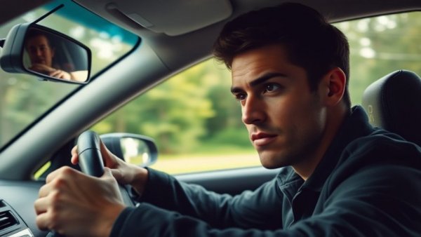 Interior car view with driver focused on the wheel