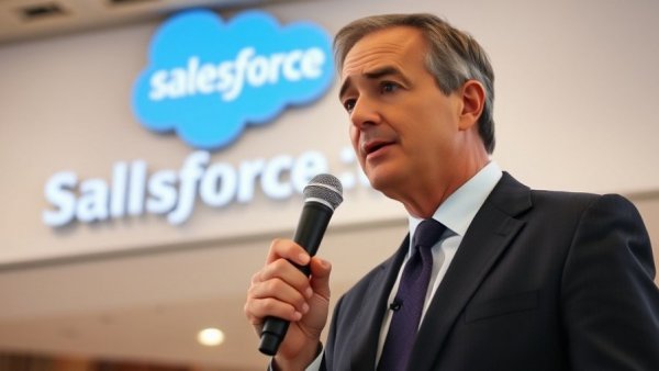 Salesforce executive speaking at an event with logo in the background.