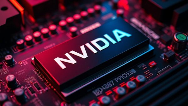 Nvidia logo on a circuit board with red and blue lighting, showing Nvidia stock context.