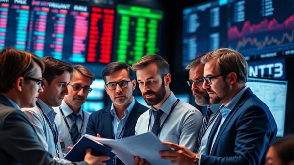 Financial analysts discuss stock data in a trading room.