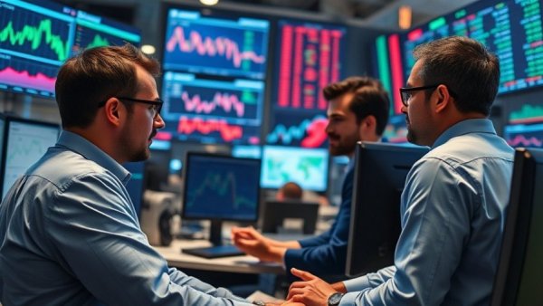 Professionals analyzing AI stock market trends in a financial office.