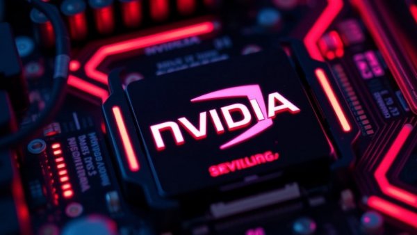 Close-up of Nvidia logo amid red and blue lights highlighting tech circuits.