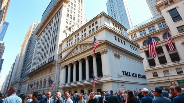 Wall Street scene depicting financial district and stock exchange, vibrant colors.
