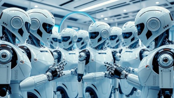 Futuristic humanoid robots lined up with transparent screens, illustrating agentic AI concepts.