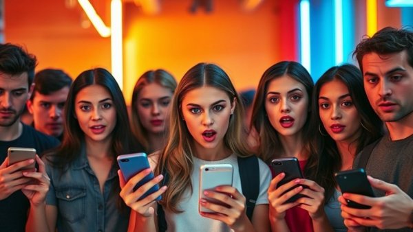 Shocked teens with smartphones in vibrant neon lighting, ai-generated photos