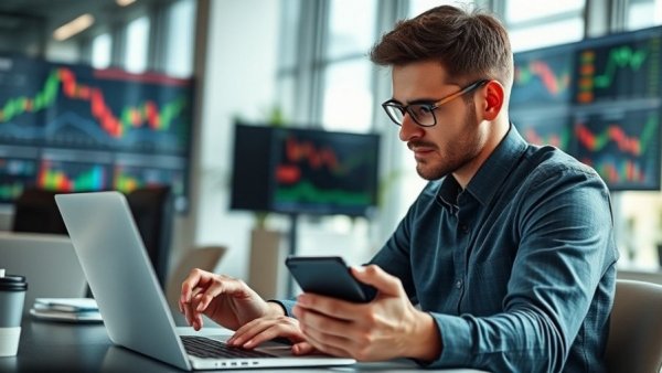 Professional analyzing AI stocks on laptop and smartphone with charts.