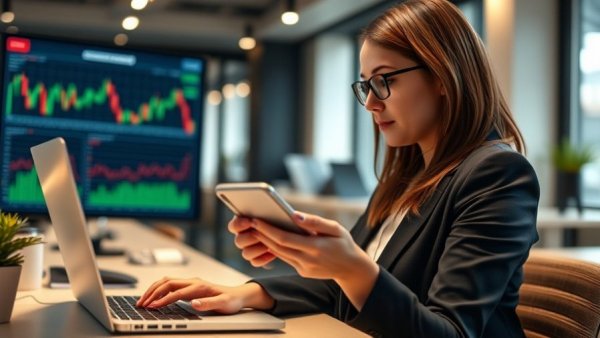 Focused woman analyzing AI stocks on laptop and phone.