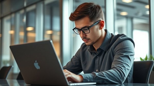 Focused professional analyzing data on laptop in modern office, trending AI news.