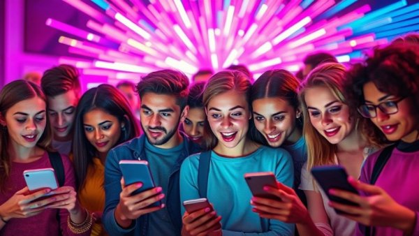 Diverse young people surprised by ai-generated photos on phones with vivid colors.