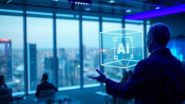 Speaker in modern conference discussing AI infrastructure advancements with digital cube display.