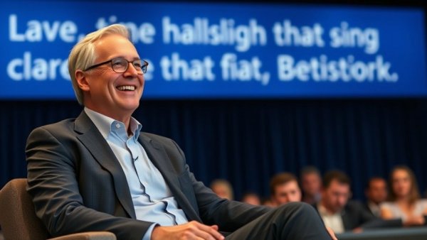 Smiling businessman on stage at economic forum