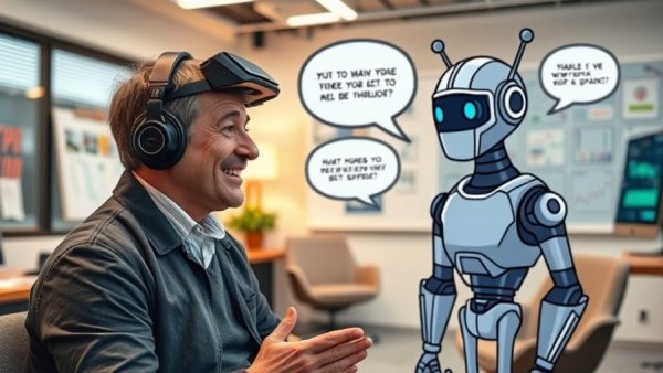 Human and AI interaction with speech bubbles in modern office.