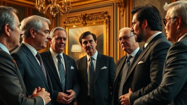 Distinguished individuals engaged in a serious discussion at an elegant event.
