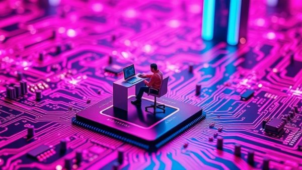 Person on microchip surrounded by digital circuits, highlighting Claude AI.