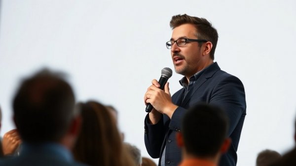 Speaker delivering presentation passionately, related to Claude AI.