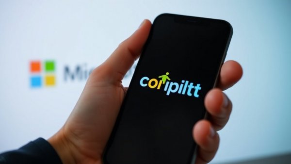 Hand holding smartphone with Copilot app and Microsoft logo in background, microsoft ai.