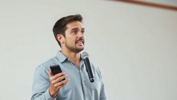 Confident speaker discussing anthropic AI on stage with microphone.
