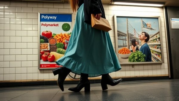 Subway Polymarket advertisement with passing pedestrian.