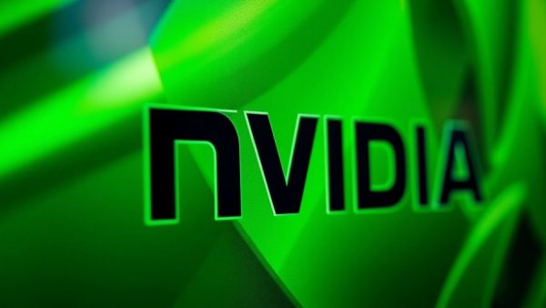 Nvidia logo close-up on screen influencing AI stocks earnings.