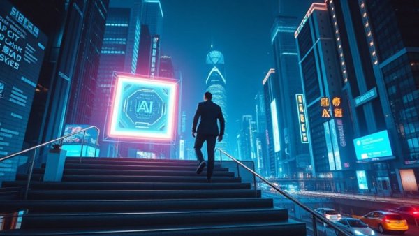 Futuristic concept of agentic AI in a digital cityscape.