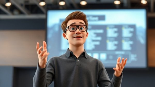 Animated speaker discussing AI agents on modern stage.