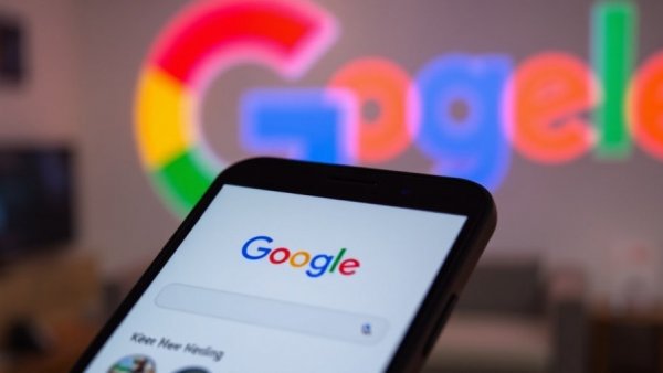 Smartphone showing Google search with vibrant logo, concept of agentic AI.