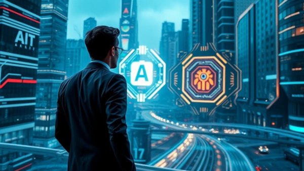 Agentic AI concept with businessperson in futuristic cityscape.